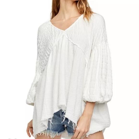 We The Free Tops - We the Free People Flower Power White Gauze Top Swing Puff Sleeve
